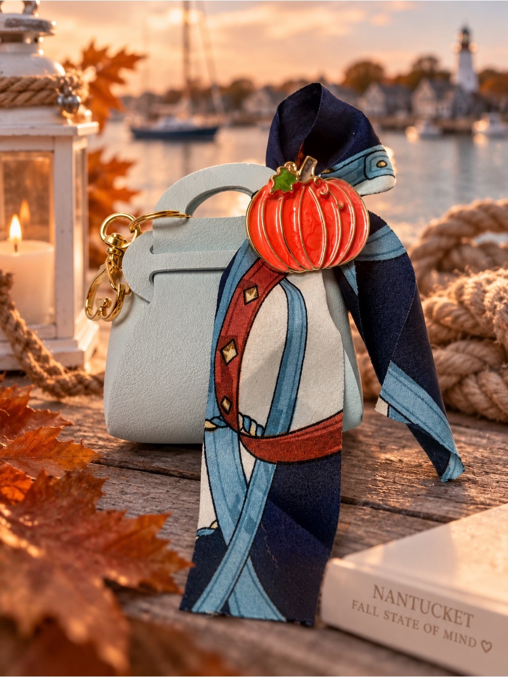 Light Blue Mini Handbag with Navy Patterned Scarf and Pumpkin Brooch
